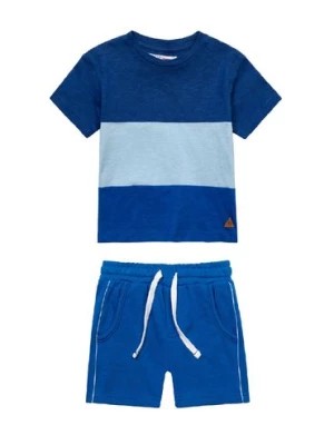 Zdjęcie produktu Komplet ubrań dresowych niemowlęcych- T-shirt w paski i niebieskie szorty Minoti