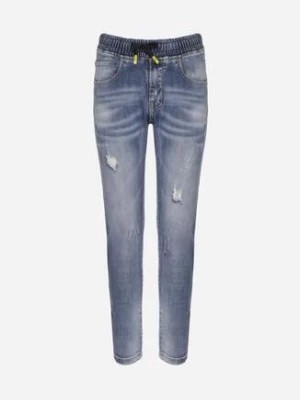 Zdjęcie produktu Niebieskie Skinny Jeansy z Gumką w Pasie i Ozdobnymi Przetarciami oraz Dziurami Philliria