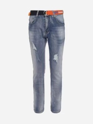 Zdjęcie produktu Niebieskie Skinny Jeansy z Przetarciami i Dziurami oraz Paskiem Eunima