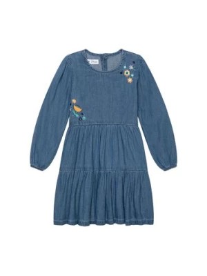 Zdjęcie produktu Sukienka dla dziewczynki - jeansowa z ozdobnym kwiatowym haftem Minoti