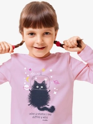 Zdjęcie produktu T-shirt z długim rękawem dla dziewczynki, z kotem astronautą, różowy 3-8 lat Endo
