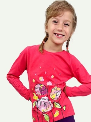 Zdjęcie produktu T-shirt z długim rękawem dla dziewczynki, z kwiatami, ciemnoróżowy 3-8 lat Endo