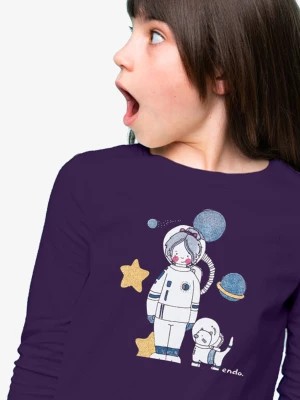 Zdjęcie produktu T-shirt z długim rękawem dla dziewczynki, z astronautą i kotem, fioletowy 9-13 lat Endo