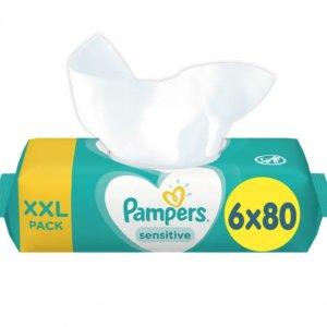 Pampers, Sensitive, chusteczki nawilżane dla niemowląt, 6x80 szt. -23%