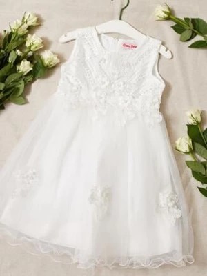 Zdjęcie produktu Biała Balowa Sukienka z Tiulowym Dołem Ozdobiona Cyrkoniami i Perłami Lisima
