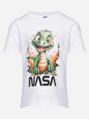 Zdjęcie produktu Biała Bawełniana Koszulka T-shirt z Nadrukiem Dinozaura Ugnalia
