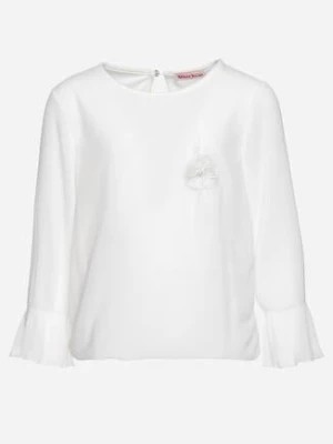 Zdjęcie produktu Biała Bluzka z Plisowanymi Rękawami i Broszką w Kształcie Kwiatu Henadea