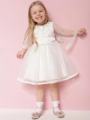 Zdjęcie produktu Biała Elegancka Sukienka z Kwiatowymi Aplikacjami Koronką i Tiulem Pirevala