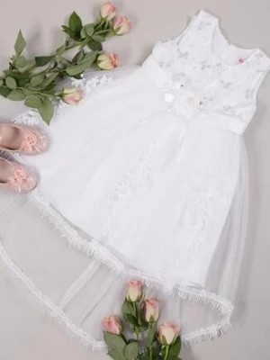 Zdjęcie produktu Biała Elegancka Sukienka z Wiązanym Paskiem i Motywem Róż z Tiulowym Dołem Adenie