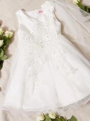 Zdjęcie produktu Biała Sukienka Balowa z Wiązaniem w Talii i Dekoracyjną Różą z Tiulem Alymena