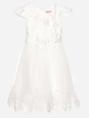 Zdjęcie produktu Biała Sukienka Rozkloszowana z Aplikacją w Postaci Kwiatka z Koronką i Brokatem Dimarions