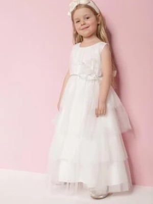 Zdjęcie produktu Biała Sukienka z Rozkloszowanym Tiulowym Dołem i Ozdobnym Kwiatkiem i Cyrkoniami Parlevia