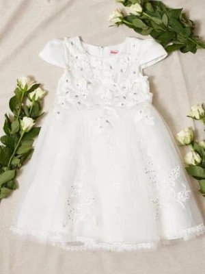 Zdjęcie produktu Biała Sukienka z Tiulowym Dołem Ozdobiona Kwiatkami Karemia