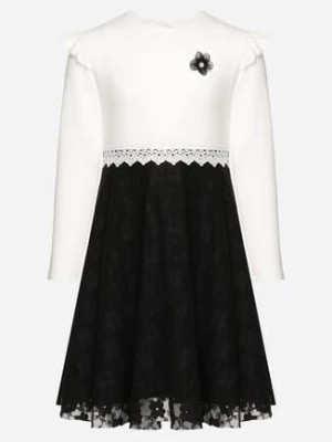 Zdjęcie produktu Biało-Czarna Elegancka Sukienka na Zamek Ozdobiona Falbanką z Koronkowym Dołem Macluria
