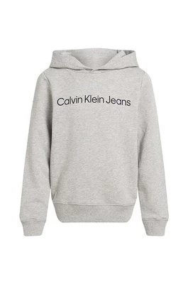 Zdjęcie produktu Calvin Klein Jeans bluza bawełniana dziecięca kolor szary z kapturem z nadrukiem IU0IU00601