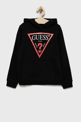 Zdjęcie produktu Guess Bluza bawełniana dziecięca kolor czarny z kapturem z nadrukiem