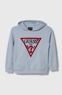 Zdjęcie produktu Guess bluza bawełniana dziecięca kolor niebieski z kapturem z aplikacją