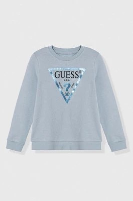 Zdjęcie produktu Guess bluza bawełniana dziecięca kolor niebieski z nadrukiem