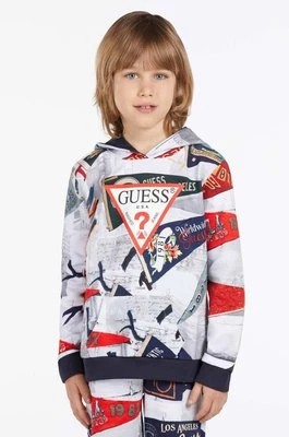 Zdjęcie produktu Guess bluza bawełniana dziecięca kolor szary z kapturem wzorzysta