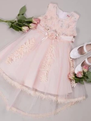 Zdjęcie produktu Jasnoróżowa Elegancka Sukienka z Wiązanym Paskiem i Motywem Róż z Tiulowym Dołem Adenie