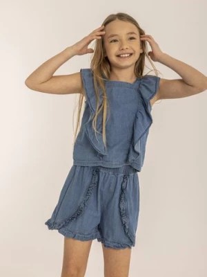 Zdjęcie produktu Komplet letni dziewczęcy - bluzka na ramiączkach i szorty z falbankami Minoti