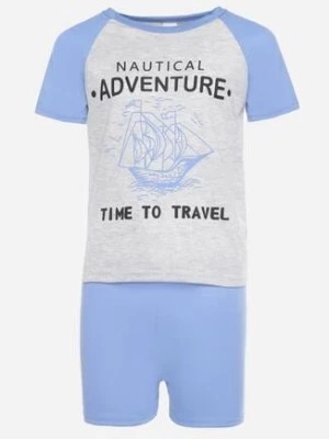 Zdjęcie produktu Niebieska Piżama z Bawełny Koszulka z Krótkim Rękawem z Ozdobnym Nadrukiem z Przodu Luźne Szorty z Gumką w Pasie Comiana
