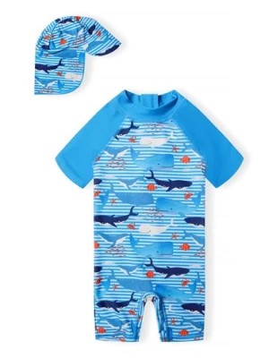 Zdjęcie produktu Niebieski kombinezon kąpielowy z filtrem UV i czapką- wieloryby Minoti