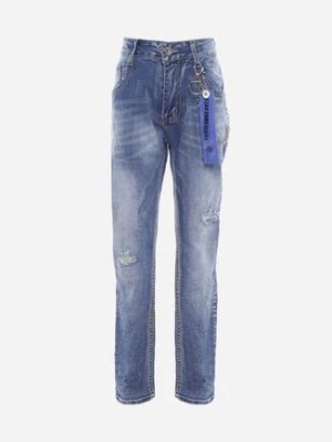 Zdjęcie produktu Niebieskie Jeansy Skinny z Przetarciami i Metalowym Łańcuszkiem Naephia