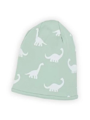 Zdjęcie produktu Oliwkowa czapka beanie chłopięca z bawełny- białe dinozaury Nicol