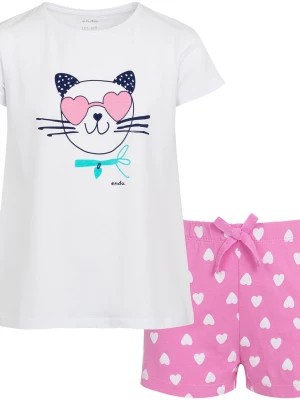 Zdjęcie produktu Piżama z krótkim rękawem dla dzieczynki, z kotem w okularach - sercach, biała, 2-8 lat Endo