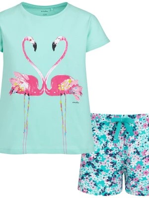 Zdjęcie produktu Piżama z krótkim rękawem dla dziewczynki, z flamingami, zielona 3-8 lat Endo