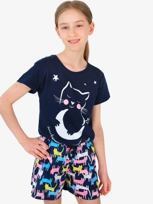 Zdjęcie produktu Piżama z krótkim rękawem dla dziewczynki, z kotem, granatowa 9-13 lat Endo