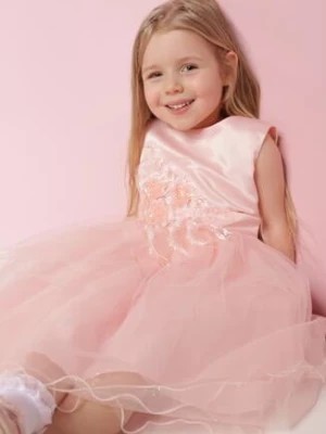 Zdjęcie produktu Różowa Elegancka Sukienka z Tiulowym Dołem z Brokatem i Kokardą Ilevarpa