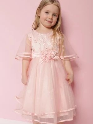 Zdjęcie produktu Różowa Koronkowa Sukienka z Krótkim Rękawem z Cyrkoniami i Perełkami Mabet