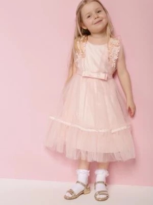Zdjęcie produktu Różowa Tiulowa Rozkloszowana Sukienka z Paskiem z Kokardą i Lamówką Ozdobiona Koronką Ersula