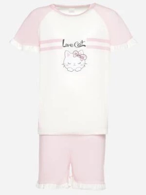 Zdjęcie produktu Różowe Piżama Koszulka z Krótkim Rękawem z Falbanką i Szorty z Gumką w Pasie Bettesa