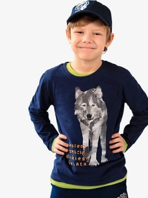 Zdjęcie produktu T-shirt z długim rękawem dla chłopca, z wilkiem, granatowy 3-8 lat Endo