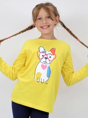 Zdjęcie produktu T-shirt z długim rękawem dla dziewczynki, z buldożkiem, żółty 9-13 lat Endo