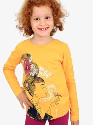 Zdjęcie produktu T-shirt z długim rękawem dla dziewczynki, z kobietą i ptaszkiem, żółty 9-13 lat Endo