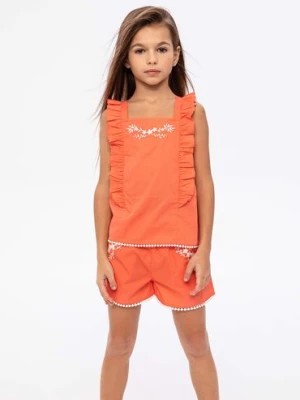 Zdjęcie produktu Pomarańczowy komplet dziewczęcy - bluzka na ramiączkach + spodenki Minoti