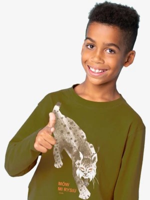 Zdjęcie produktu T-shirt z długim rękawem dla chłopca, z rysiem, ciemnozielony 9-13 lat Endo